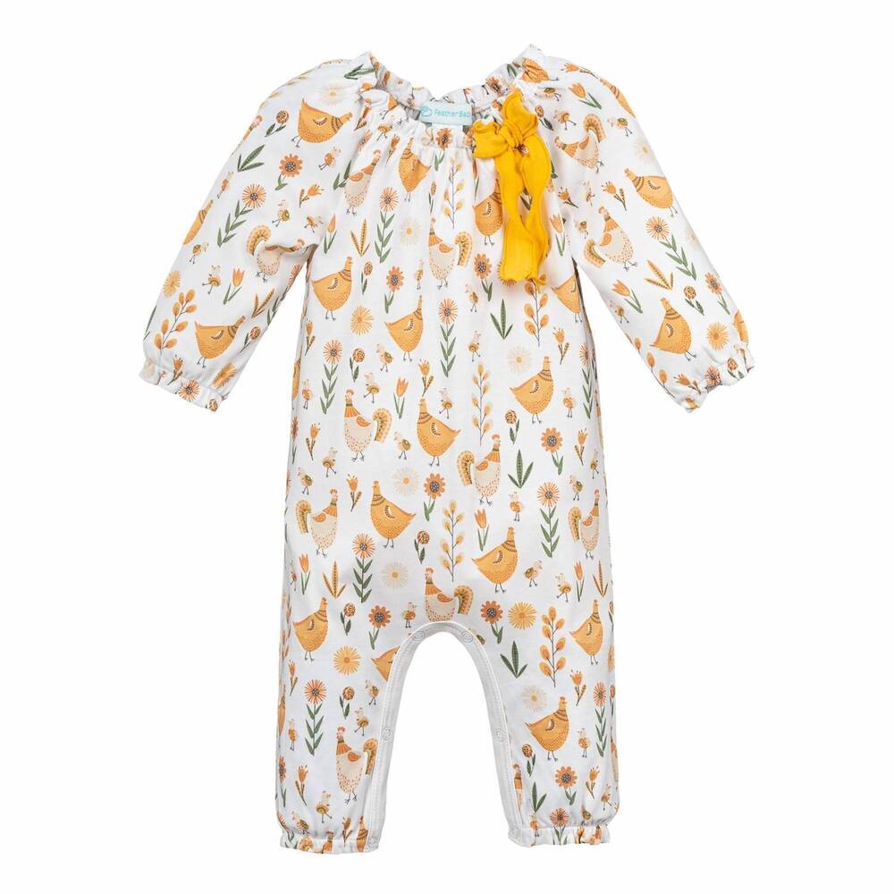 NEW FEATHER BABY baby garden chicks bow romper in white/ yellow